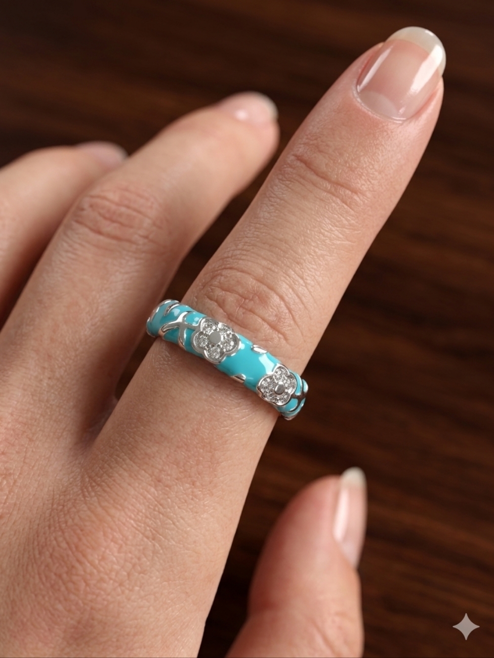 Silver-Tone Turquoise Enamel Flower Band Hugs Ring - Women's Jewelry